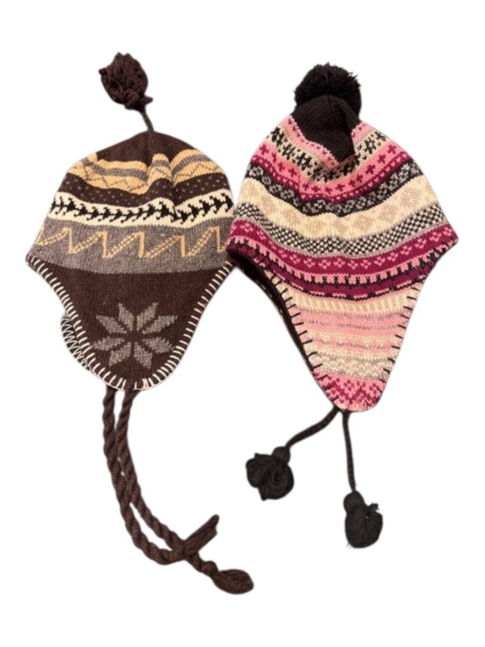 Two Earflap Beanie Hat Unisex O/S Brown Pink Fair Isle Stripes Knit Winter Wear